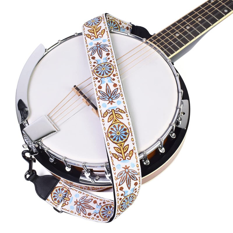 CLOUDMUSIC Banjo Strap Guitar Strap For Handbag Purse Jacquard Woven With Leather Ends And Metal Clips(Vintage Patten In White) - Image 3